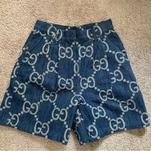 Women’s Gucci Jumbo GG Cotton Denim Shorts Blue Ivory Designer Size IT 38